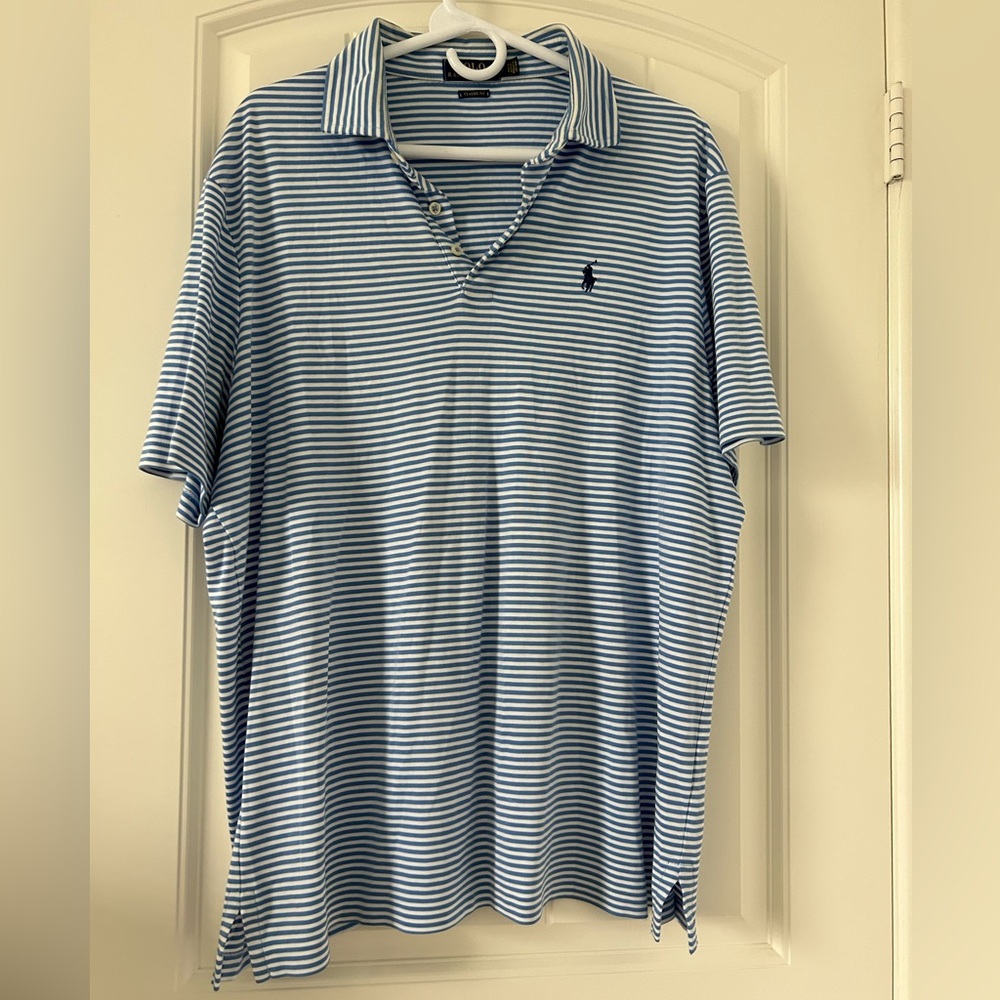 Ralph Lauren Polo Mens Blue/ White Stripe Short Sleeve Shirt Size L Classic Fit